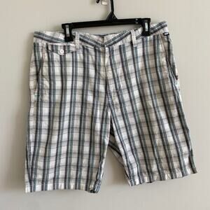 VANS Men's Plaid Skater Shorts White Blue Gray Size 34 Casual Chino 100% Cotton